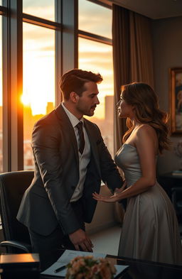A romantic scene depicting a powerful, attractive ruthless boss in a tailored suit, exuding charisma and confidence