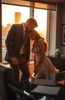 A romantic scene depicting a powerful, attractive ruthless boss in a tailored suit, exuding charisma and confidence