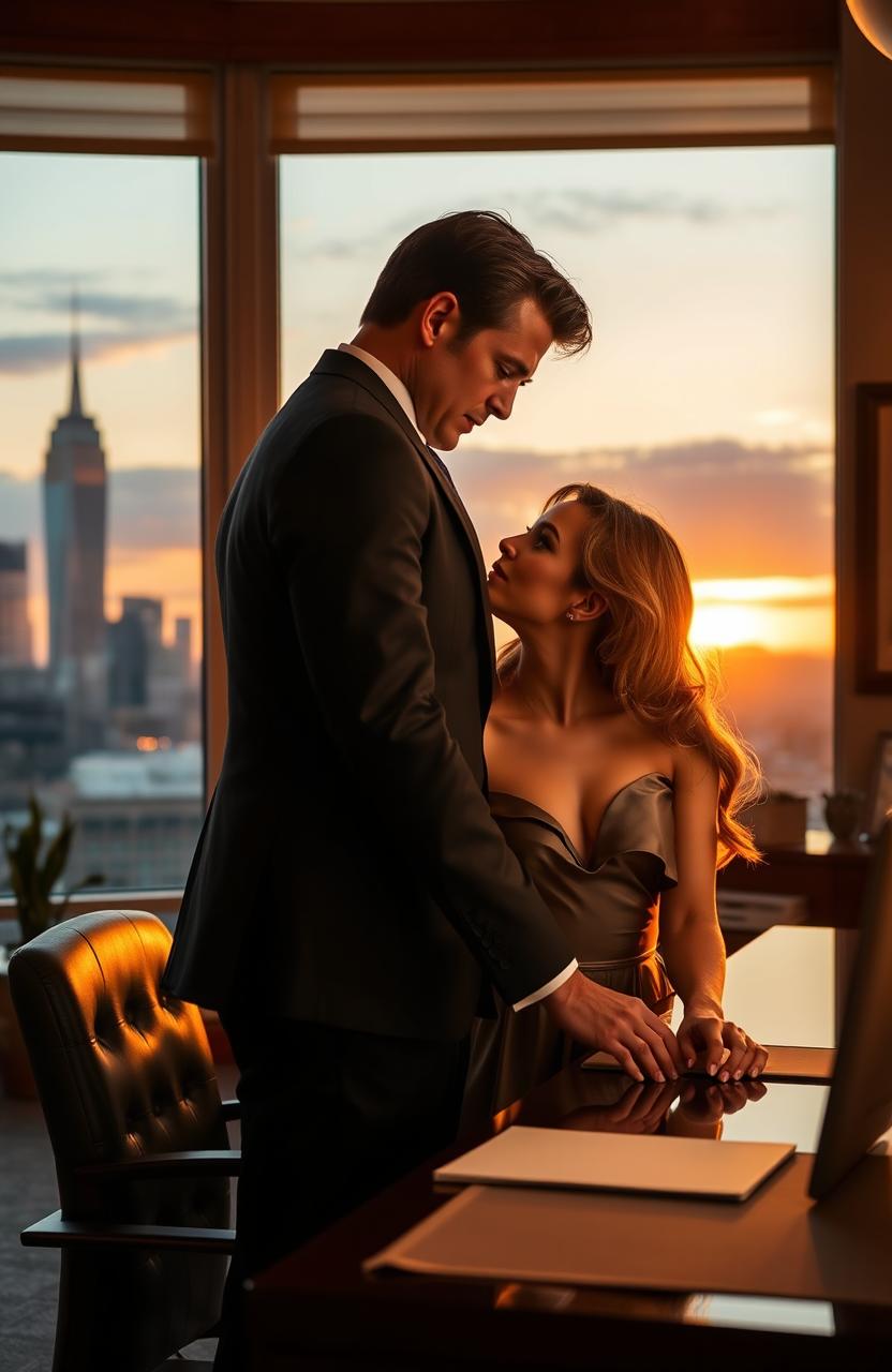 A romantic scene depicting a powerful, attractive ruthless boss in a tailored suit, exuding charisma and confidence