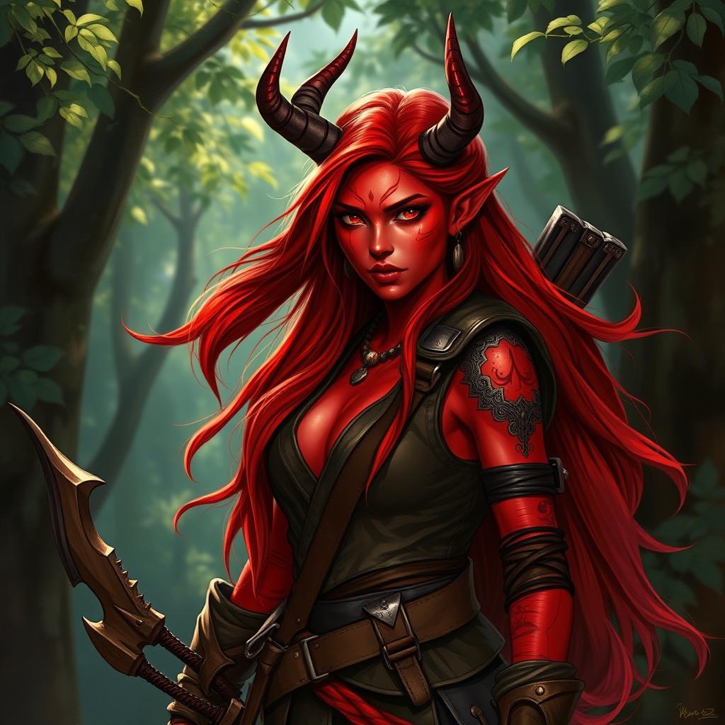 A female tiefling ranger named Ember, depicted with vibrant red skin and long, flowing hair