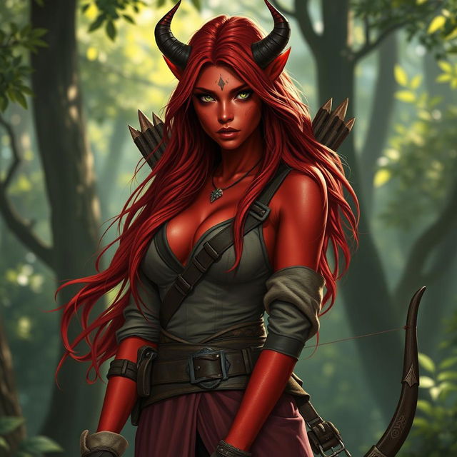 A female tiefling ranger named Ember, depicted with vibrant red skin and long, flowing hair