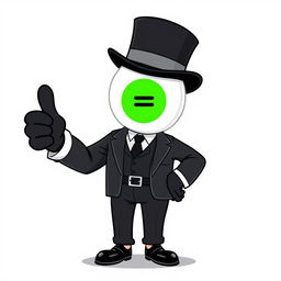A character dressed in a stylish black suit with a top hat, giving a thumbs-up gesture