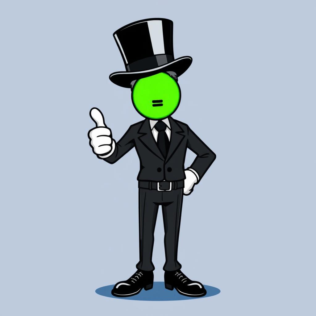 A character dressed in a stylish black suit with a top hat, giving a thumbs-up gesture