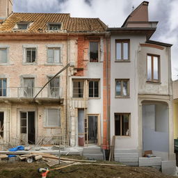 A charming old house midway through a thorough renovation, with elements of old and new architecture intertwining, construction tools scattered and sections being transformed.