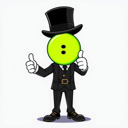 A character dressed in a stylish black suit with a top hat, giving a thumbs-up gesture