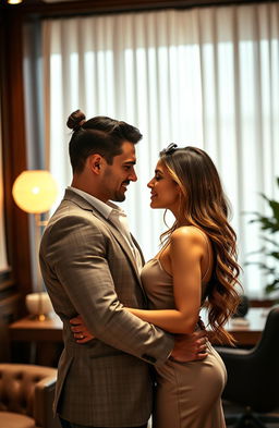 A romantic scene featuring a hot, ruthless boss with a confident and intense demeanor, standing closely with his beautiful girlfriend