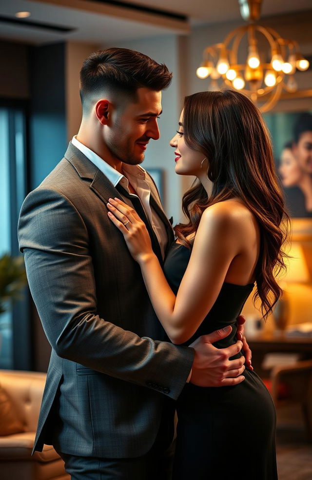 A romantic scene featuring a hot, ruthless boss with a confident and intense demeanor, standing closely with his beautiful girlfriend