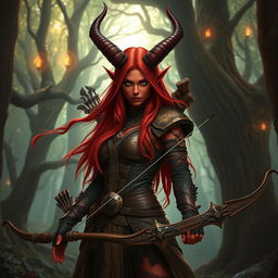 An epic and seductive female tiefling ranger named Ember, featuring striking red skin and long, flowing hair