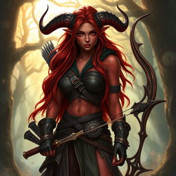 An epic and seductive female tiefling ranger named Ember, featuring striking red skin and long, flowing hair