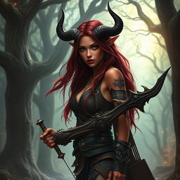 An epic and seductive female tiefling ranger named Ember, featuring striking red skin and long, flowing hair