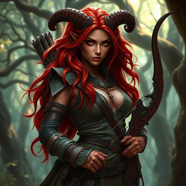 An epic and seductive female tiefling ranger named Ember, featuring striking red skin and long, flowing hair