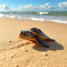 A heartwarming scene of a baby turtle that has just hatched, using all of its tiny strength to crawl towards the shimmering sea