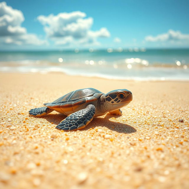 A heartwarming scene of a baby turtle that has just hatched, using all of its tiny strength to crawl towards the shimmering sea