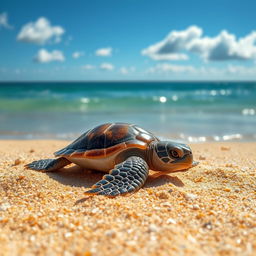 A heartwarming scene of a baby turtle that has just hatched, using all of its tiny strength to crawl towards the shimmering sea