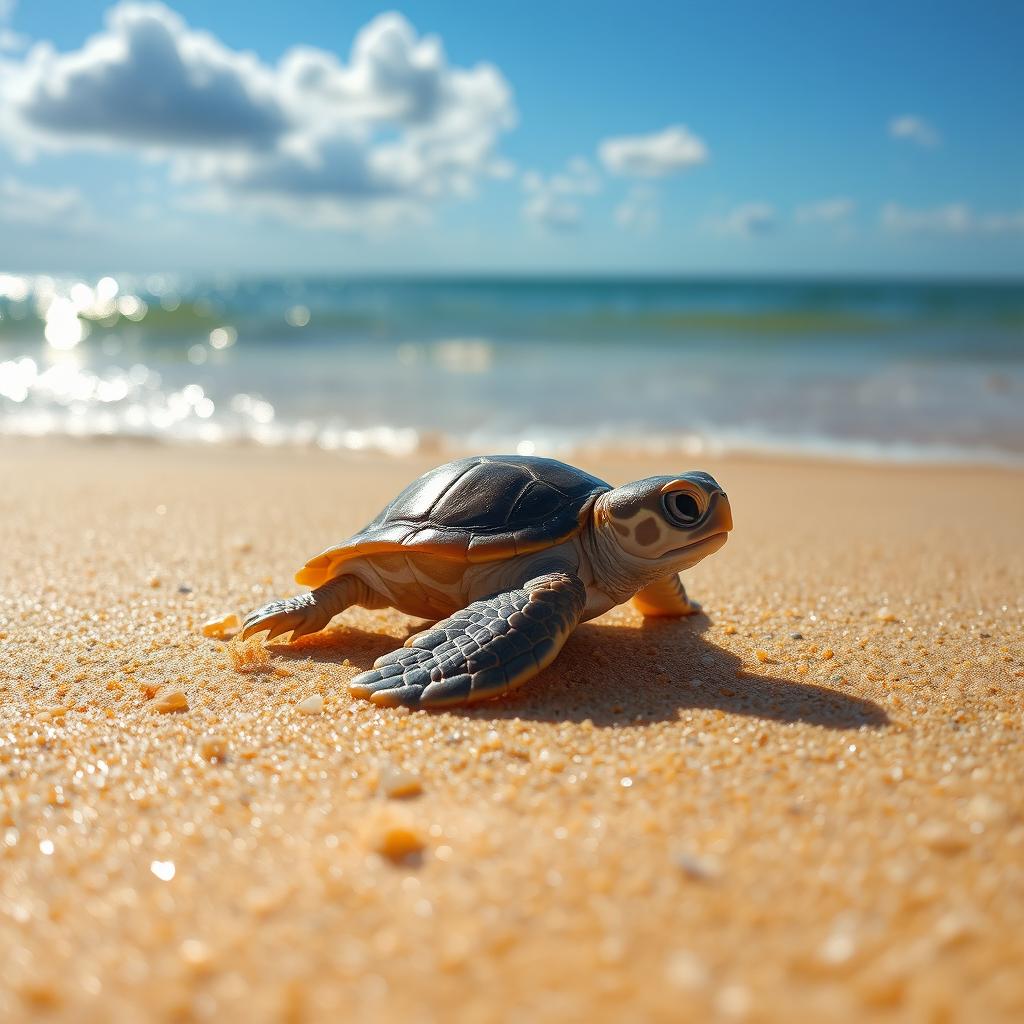 A heartwarming scene of a baby turtle that has just hatched, using all of its tiny strength to crawl towards the shimmering sea