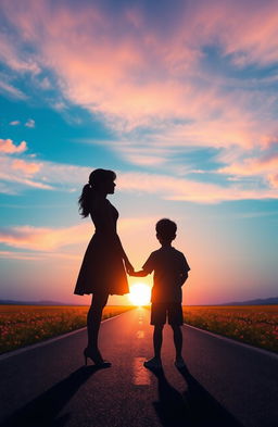 A stunning scene depicting the shadows of a girl and a boy standing on a long road, facing away from each other during a beautiful evening