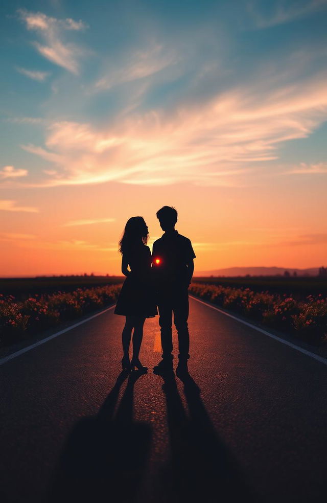 A stunning scene depicting the shadows of a girl and a boy standing on a long road, facing away from each other during a beautiful evening