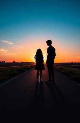 A stunning scene depicting the shadows of a girl and a boy standing on a long road, facing away from each other during a beautiful evening
