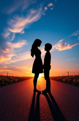 A stunning scene depicting the shadows of a girl and a boy standing on a long road, facing away from each other during a beautiful evening