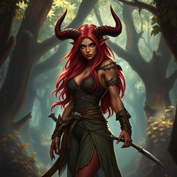 An epic and seductive female tiefling ranger named Ember, featuring striking red skin, long flowing hair, and dramatic splitting horns