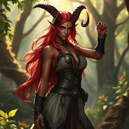 An epic and seductive female tiefling ranger named Ember, featuring striking red skin, long flowing hair, and dramatic splitting horns