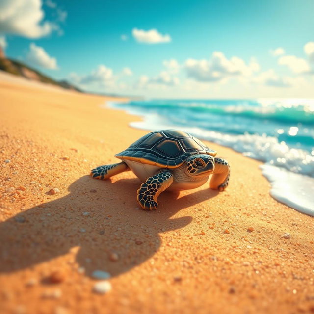 An illustration of a baby turtle that has just hatched, determinedly making its way toward the sea