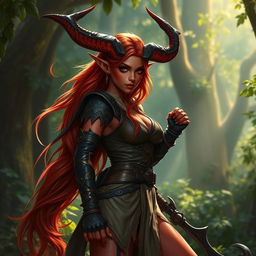 An epic and seductive female tiefling ranger named Ember, featuring striking red skin, long flowing hair, and dramatic splitting horns