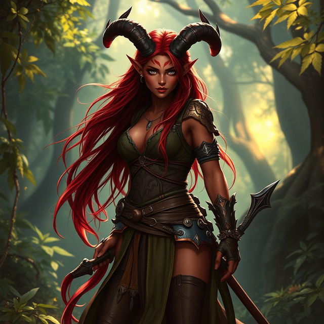 An epic and seductive female tiefling ranger named Ember, featuring striking red skin, long flowing hair, and dramatic splitting horns