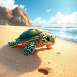 An illustration of a baby turtle that has just hatched, determinedly making its way toward the sea