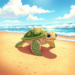 An illustration of a baby turtle that has just hatched, determinedly making its way toward the sea
