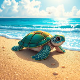 An illustration of a baby turtle that has just hatched, determinedly making its way toward the sea