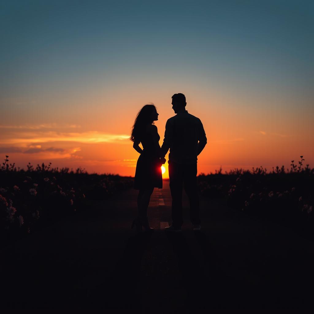 A beautiful scene portraying the shadows of a woman and a man standing on a long road, facing away from each other during a serene evening