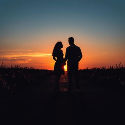 A beautiful scene portraying the shadows of a woman and a man standing on a long road, facing away from each other during a serene evening