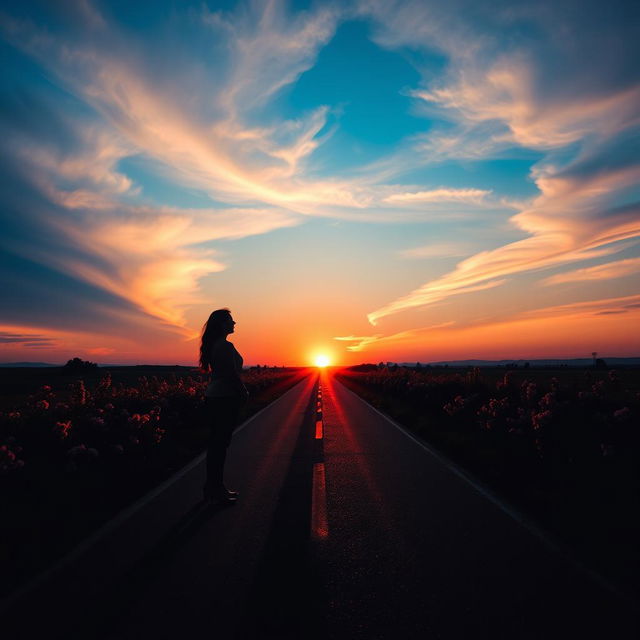 A beautiful scene portraying the shadows of a woman and a man standing on a long road, facing away from each other during a serene evening