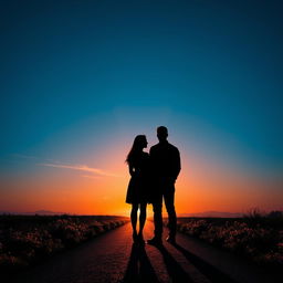 A beautiful scene portraying the shadows of a woman and a man standing on a long road, facing away from each other during a serene evening