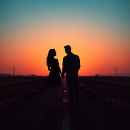 A beautiful scene portraying the shadows of a woman and a man standing on a long road, facing away from each other during a serene evening