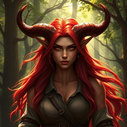 A majestic and stunning female tiefling ranger named Ember, characterized by her fiery red skin, long flowing hair, and impressive splitting horns that give her a fierce appearance