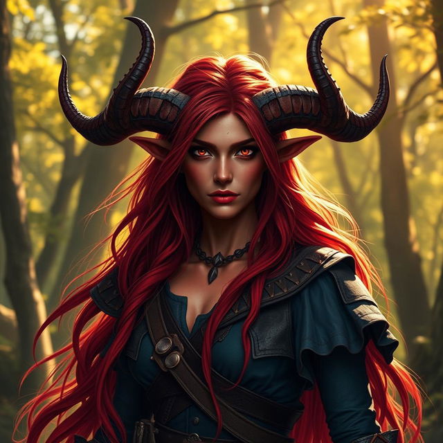 A majestic and stunning female tiefling ranger named Ember, characterized by her fiery red skin, long flowing hair, and impressive splitting horns that give her a fierce appearance