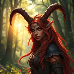 A majestic and stunning female tiefling ranger named Ember, characterized by her fiery red skin, long flowing hair, and impressive splitting horns that give her a fierce appearance
