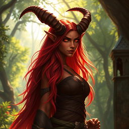 A majestic and stunning female tiefling ranger named Ember, characterized by her fiery red skin, long flowing hair, and impressive splitting horns that give her a fierce appearance