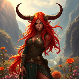 A fiery, majestic, and stunning female tiefling ranger named Ember, showcasing her radiant red skin, long flowing hair, and impressive splitting horns