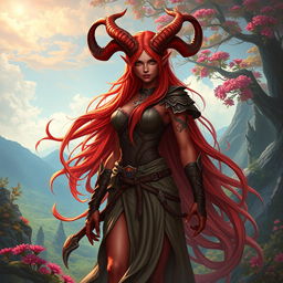 A fiery, majestic, and stunning female tiefling ranger named Ember, showcasing her radiant red skin, long flowing hair, and impressive splitting horns