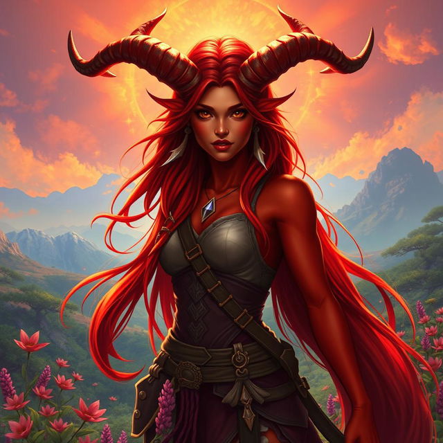 A fiery, majestic, and stunning female tiefling ranger named Ember, showcasing her radiant red skin, long flowing hair, and impressive splitting horns