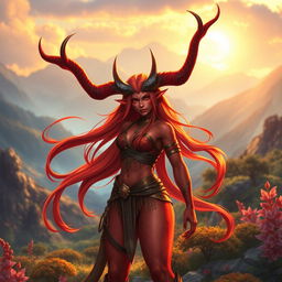 A fiery, majestic, and stunning female tiefling ranger named Ember, showcasing her radiant red skin, long flowing hair, and impressive splitting horns