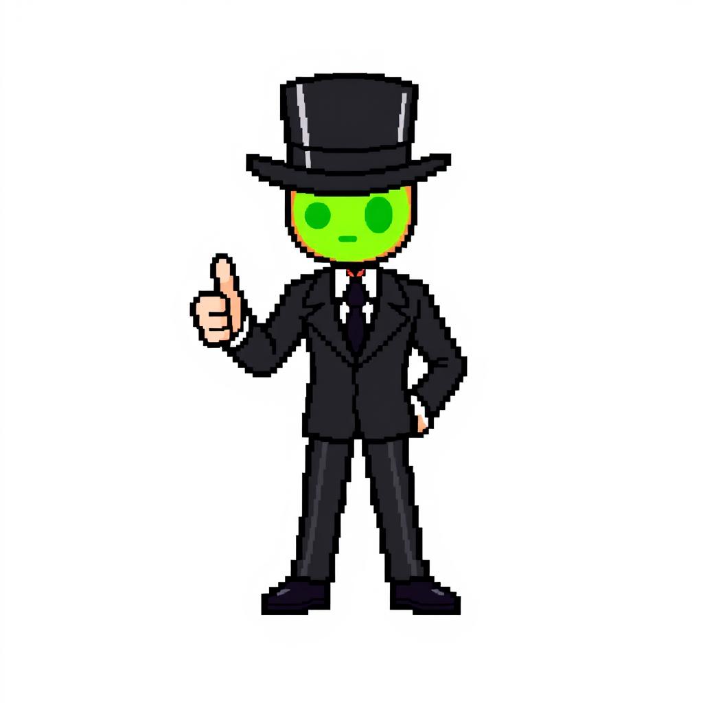 A character in a pixel art style, dressed in a sleek black suit with a top hat, showing a thumbs-up gesture