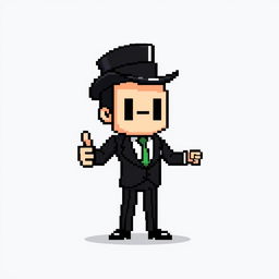 A character in a pixel art style, dressed in a sleek black suit with a top hat, showing a thumbs-up gesture