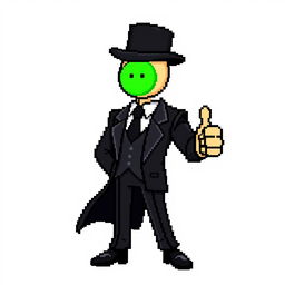 A character in a pixel art style, dressed in a sleek black suit with a top hat, showing a thumbs-up gesture