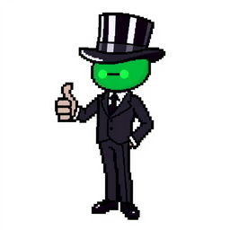 A character in a pixel art style, dressed in a sleek black suit with a top hat, showing a thumbs-up gesture