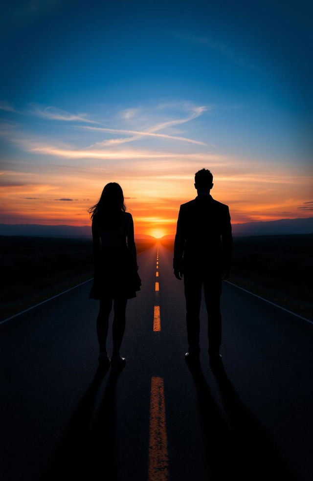 A beautiful scene depicting two shadows, one of a woman and one of a man, standing on a long road facing away from each other at sunset