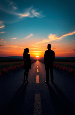 A beautiful scene depicting two shadows, one of a woman and one of a man, standing on a long road facing away from each other at sunset